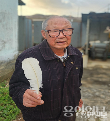 매의 꼬리에 다는 ‘빼깃’을 설명하는 오태영 매 할아버지 / 용인일보 