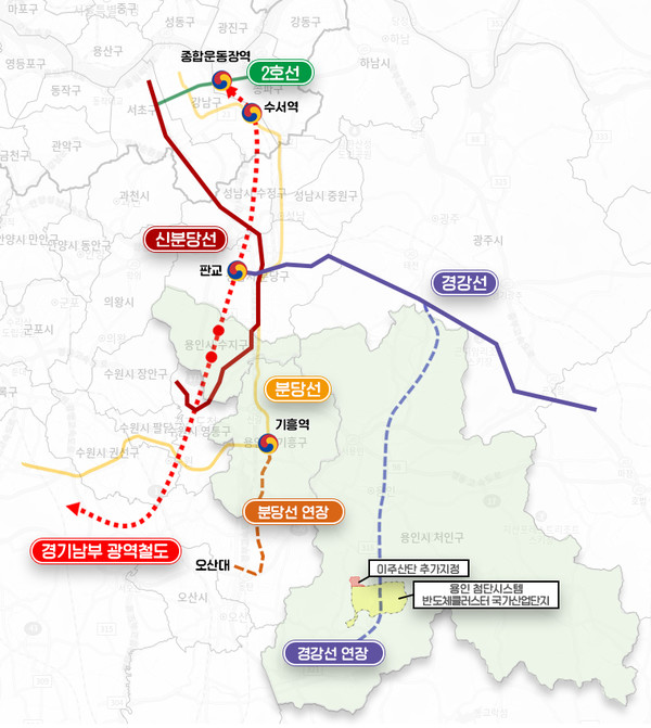 용인시에서 추진 중인 주요 철도사업 노선 계획도