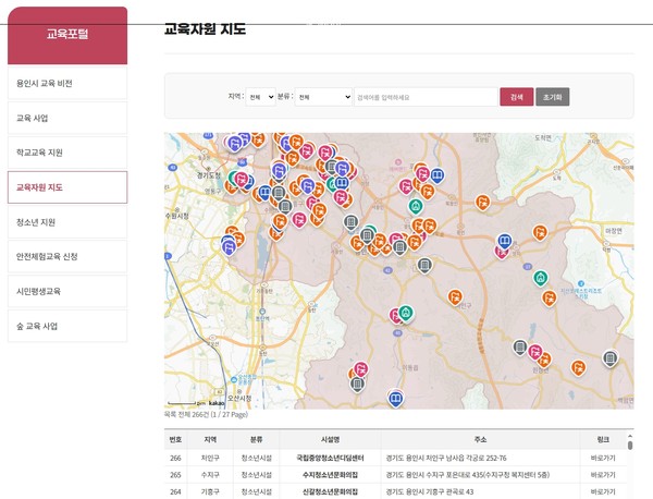 용인시 홈페이지-교육포털에 '교육자원지도' 캡쳐