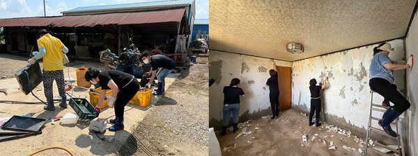 의원연구단체 '탄소중립연구소Ⅲ' 회원들이 충청남도 예산군에서 수해 피해 복구 봉사활동을 하고 있다.