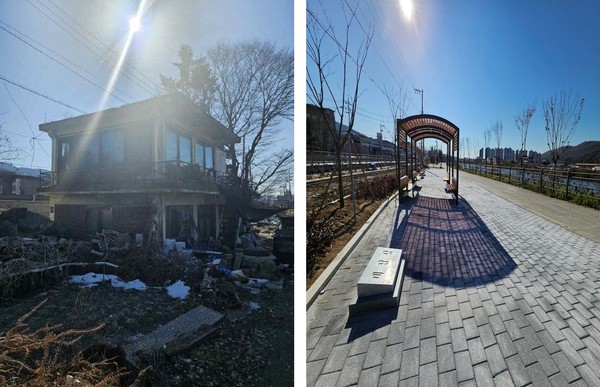 2. 노후한 시설(사진 왼쪽)을 철거하고 새롭게 시민을 위한 수변공간(사진 오른쪽)으로 재탄생한 세심정 주변의 모습.